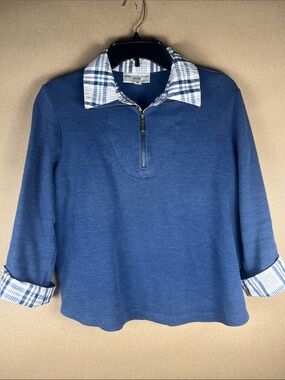 Rebecca Malone Petite Half Zip Top PM Blue Plaid Contrast Collar Layered Look